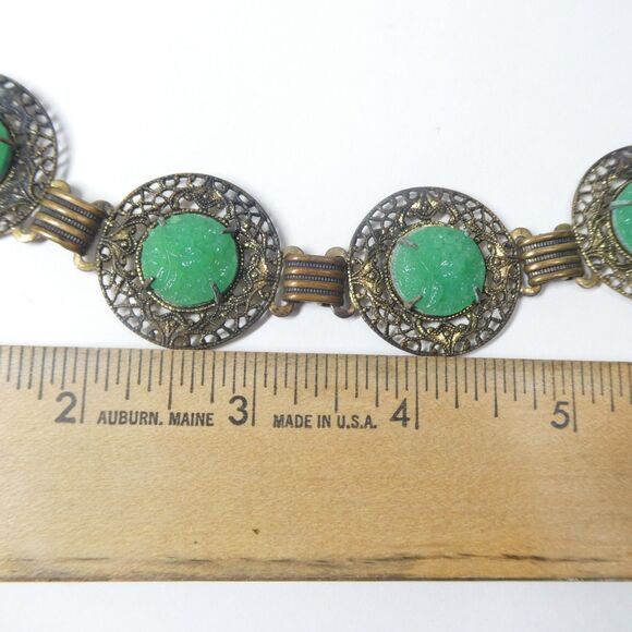 Metal Flower Link Belt w/ Carved Green Glass 26" Small Vintage Victorian - Picture 5 of 13